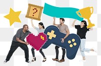 Png Playful diverse people having fun with gaming icons, transparent background