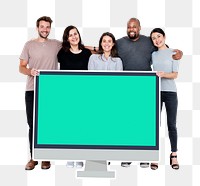 Png Diverse people with blank computer screen, transparent background