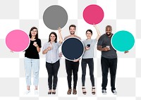 Png People using their phones and holding empty circles, transparent background