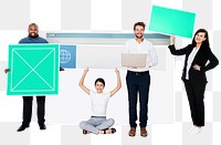 Png Happy diverse people holding web design, transparent background