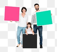 Png Happy family holding blank boards, transparent background