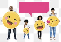 Png Cheerful family holding happy emoticons, transparent background