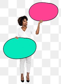 Png African American woman holding blank boards, transparent background