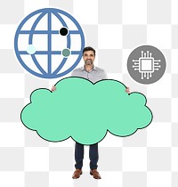 Png Cheerful man showing cloud network system, transparent background