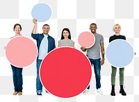 Png People holding empty space circle icons, transparent background