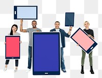 Png People holding empty screened digital device, transparent background