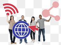 Png People holding www related icons, transparent background