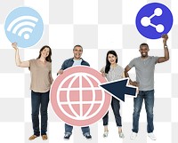 Png People holding www related icons, transparent background