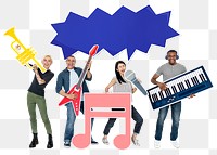 Png Cheerful people holding musical instrument icons, transparent background