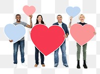 Png People holding heart shape icons, transparent background