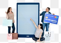 Png Happy people with online shopping icons, transparent background