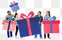 Png People holding gift box icons, transparent background