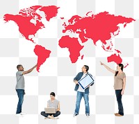 Png People with digital devices and world map, transparent background