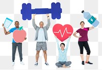 Png Healthy people holding healthy lifestyle icons, transparent background