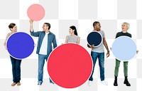 Png People holding circle icons with copy space, transparent background