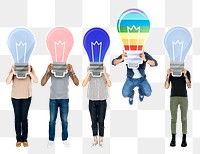 Png People holding light bulb icons, transparent background