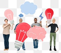 Png People holding creativity and thinking icons, transparent background