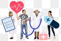 Png People with health checkup icons, transparent background