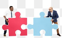 Png Two men connecting puzzle pieces, transparent background