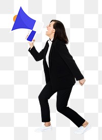 Png Businesswoman shouting through megaphone, transparent background