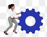 Png Cheerful woman rolling blue gear, transparent background