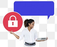 Png Young businesswoman holding secured laptop, transparent background