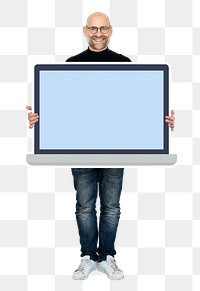 Png Man showing blank laptop screen, transparent background