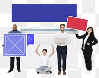 Png Happy diverse people holding web design, transparent background