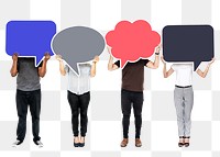 Png People holding colorful speech bubbles, transparent background