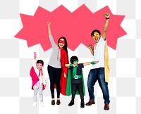 Png Happy family wearing superhero costumes, transparent background