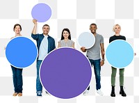 Png Group of diverse people holding circles, transparent background