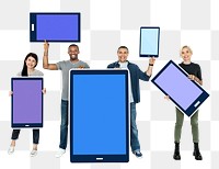 Png Diverse people holding digital tablet icons, transparent background