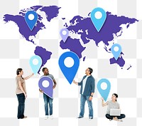 Png Diverse people holding location pin icons, transparent background