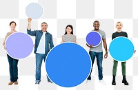 Png Diverse people holding round boards, transparent background