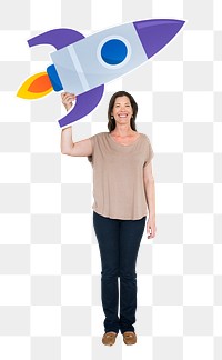 Png Woman holding rocket icon, transparent background