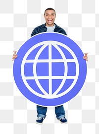 Png Happy man holding www symbol, transparent background