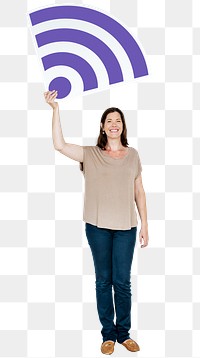 Png Happy woman holding wifi wave signal icon, transparent background