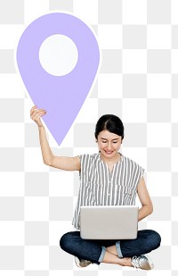 Png Woman holding location pin symbol, transparent background