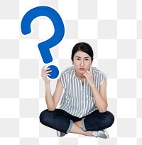 Png Woman holding question mark icon, transparent background