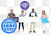 Png People with wireless technology icons, transparent background