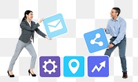 Png Business partners holding online icons, transparent background