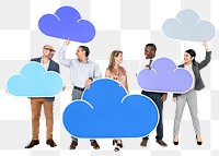 Png Diverse people holding cloud icons, transparent background