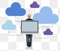 Png Cheerful man presenting cloud computing system on laptop, transparent background