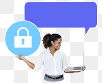 Png Cheerful woman showing GDPR security padlock icon, transparent background