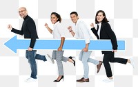 Png Businesspeople carrying blue arrow to the goal, transparent background