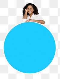 Png Woman showing blank blue circle board, transparent background