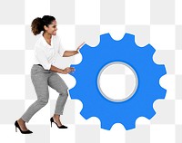 Png Cheerful woman rolling blue gear icon, transparent background