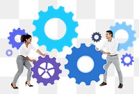 Png Businesspeople connecting blue and purple gear icons, transparent background