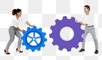 Png Businesspeople connecting blue and purple gear icons, transparent background