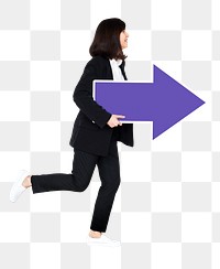 Png Cheerful businesswoman running with purple arrow, transparent background